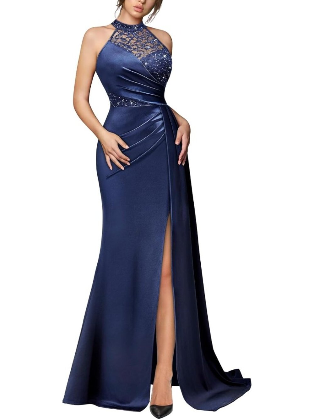 Women's Navy Blue Halter Neck Sequin Lace Sleeveless Cocktail Bodycon Maxi Dress